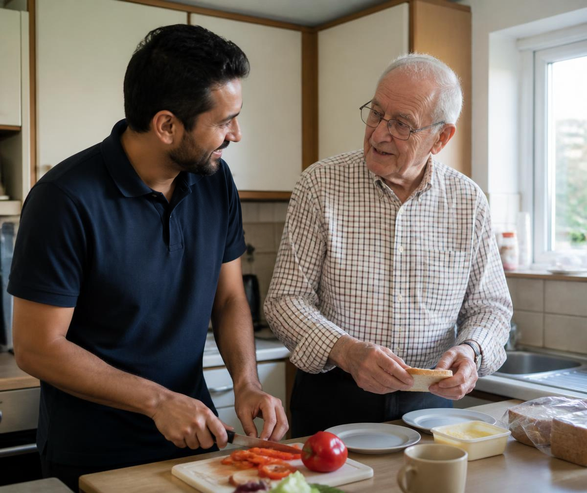 A care worker helping an older man prepare a meal in his kitchen