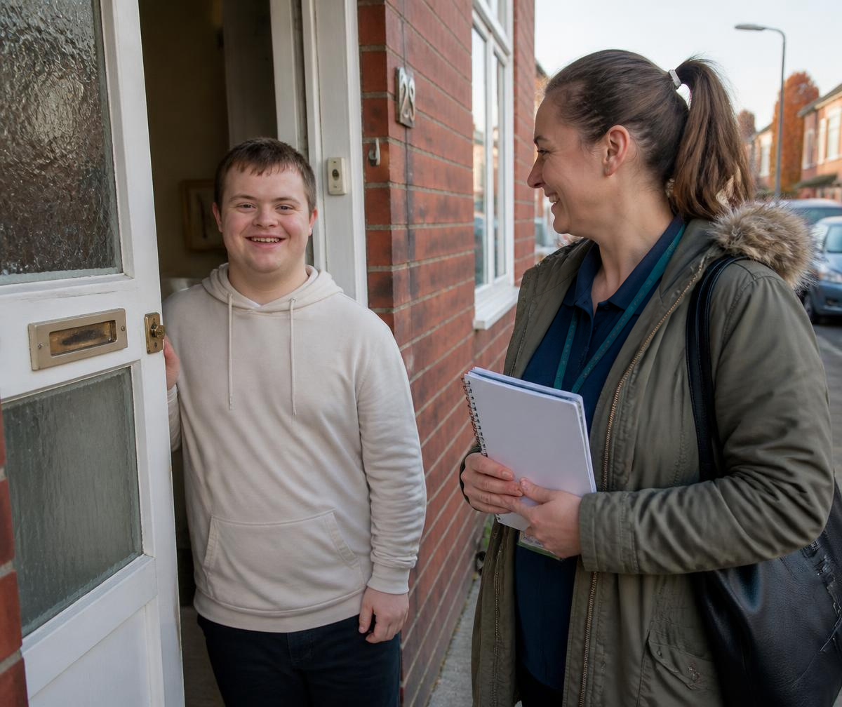 A young man at the front door of his own flat, talking with his support worker